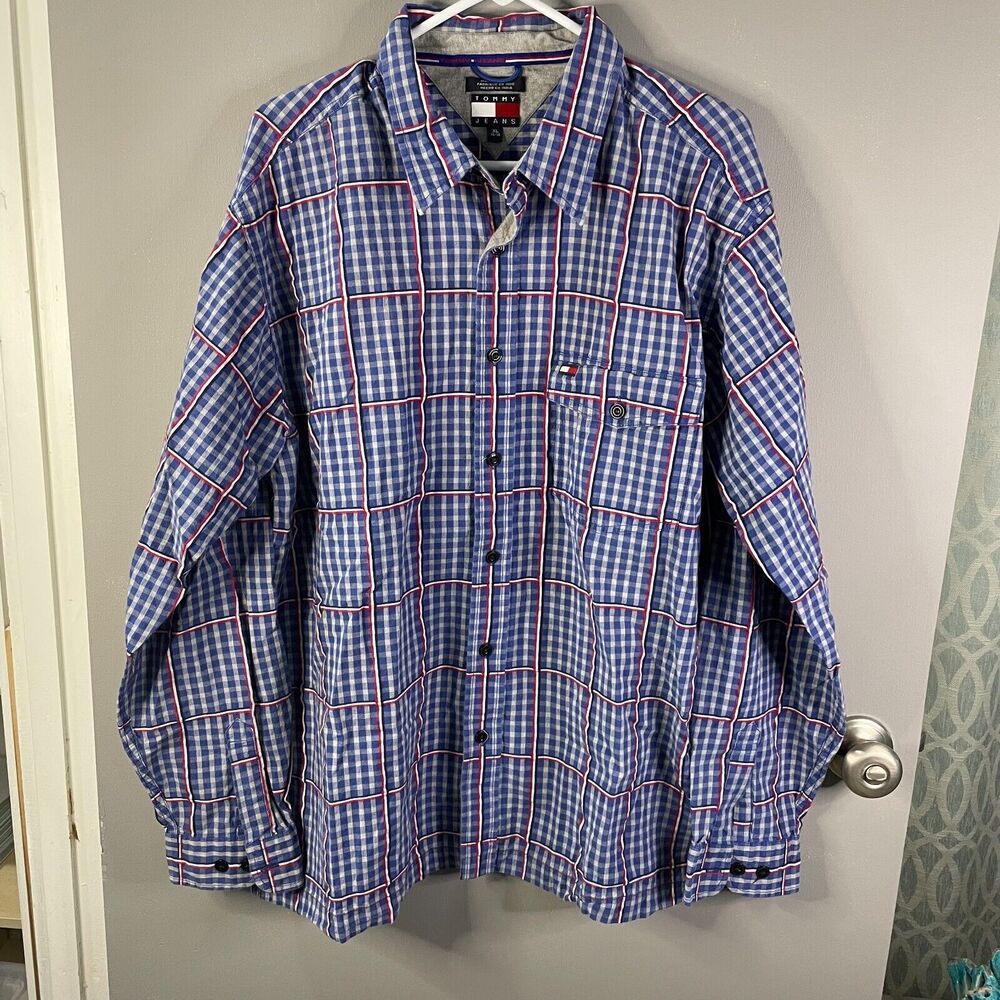 Tommy Jeans Mens XL Button Down Long Sleeve 100% Cotton Blue Plaid Shirt Y2K
